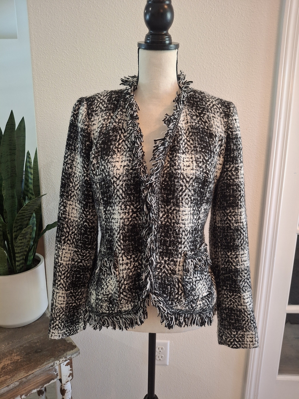 Fringed Black and White Tweed Blazer